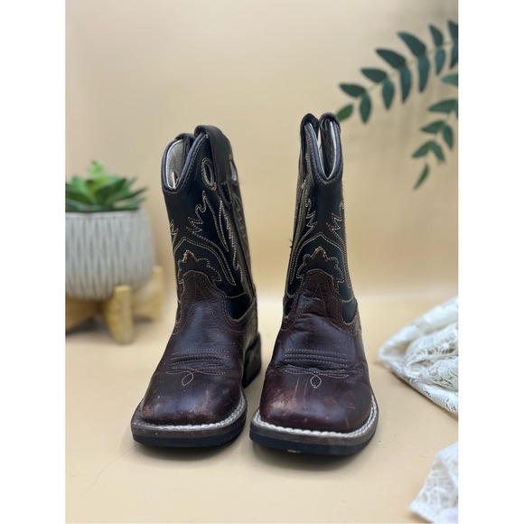 Other - Old West Kids Cowboy Boots Size 4.5 Brown Black Leather Western Square Toe